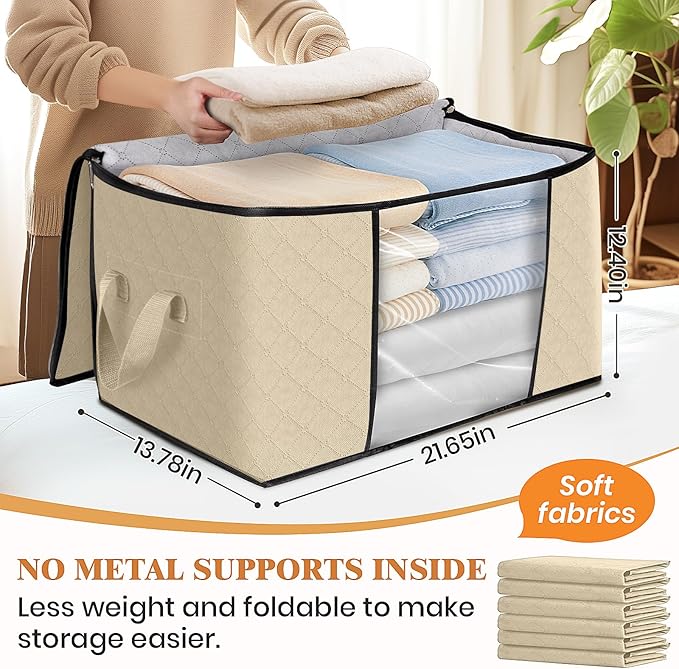 Fab totes 8 Pack Clothes Storage, Foldable Thick Fabric Blanket Storage Bags, Containers for Organizing Bedroom, Closet, Clothing, Comforter, Organization with Handle,Beige