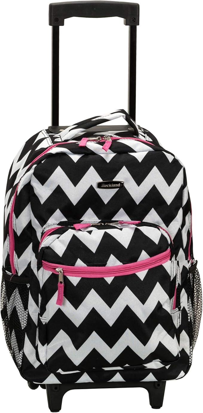 Rockland Double Handle Rolling Backpack, Pink Chevron, 17"