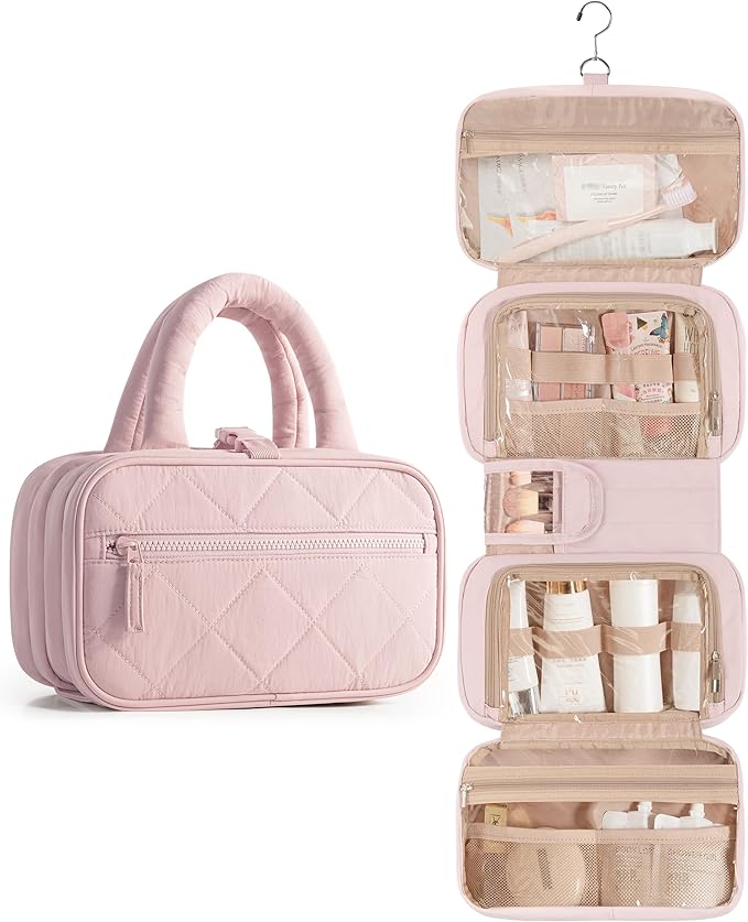 Travel Toiletry Bag for Women with Hanging Hook, Puffy Makeup Organizer with Brushes Slots for Bathroom, Shower and Beauty Essentials, Pink
