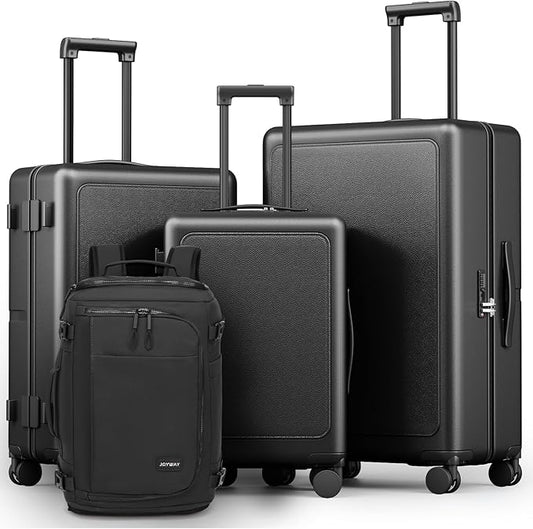 Joyway Luggage Sets 4 Piece with Spinner Wheels, Carry On Luggage 20In with ABS+PC Hardshell, Lightweight Suitcase Set with Travel Backpack and Pressure-resistant Frame, 20/24/28 Inch, Black