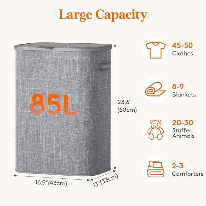 Lifewit 85L Large Laundry Basket with Lid, Laundry Hamper with Plastic Handles and Removable Bag, Foldable Tall Dirty Clothes Hampers for Laundry for Laundry Room, Bedroom, Bathroom, Dorm, Light Gray