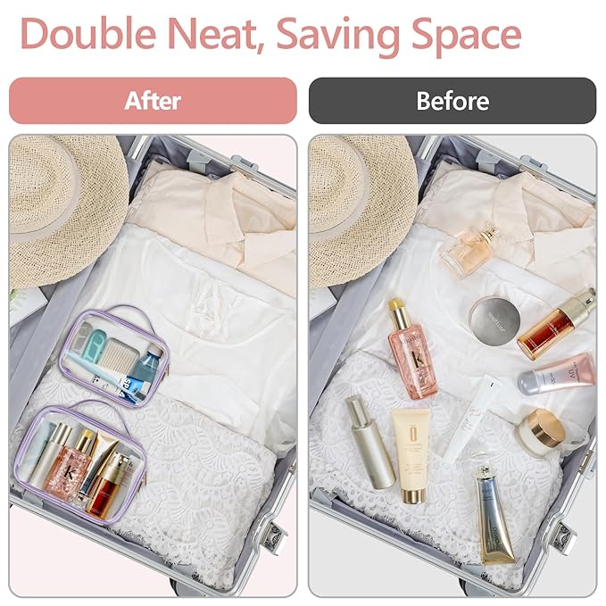 PACKISM Glitter Texture TSA Approved Toiletry Bag Set, Style Clear Makeup Bag with Handle, 1 TSA Medium & 1 Large for Travel, Gift for Women, Purple