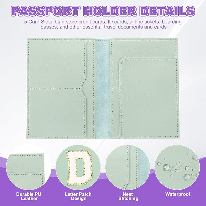PATIKIL Passport Holder for Travel, Initial Passport Cover and Luggage Tag Set with Alphabet Chenille Letter Patch Travel Wallet Bag Suitcase Identifier for Women Family Travel Green D