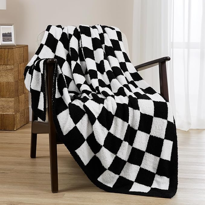 Checkered Throw Blanket, Black Soft Cozy Fluffy Knitted Throw Blankets for Couch, Sofa, Bed, Chair, Warm Fuzzy Travel Picnic Lightweight Plaid Blanket, 50x70 inches