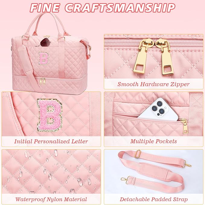 Gifts for Daughter Girls Birthday Initial Travel Duffle Bag Quilted Weekender Bags Carry-On Overnight with Makeup Bag, Gym Bag with Shoe Compartment, Pink-B
