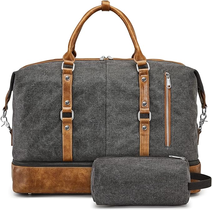 S-ZONE Weekender Bag for Men Canvas Duffle Large Weekend Overnight Travel Carry On Tote Bag with Shoe Compartment Black