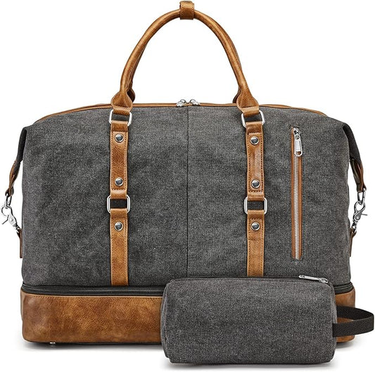 S-ZONE Weekender Bag for Men Canvas Duffle Large Weekend Overnight Travel Carry On Tote Bag with Shoe Compartment Black