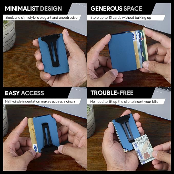 Carbon Fiber Minimalist Wallet for Men Credit Card Holder Money Clip & Cash Strap Slim RFID Mens Wallets-Matt Blue