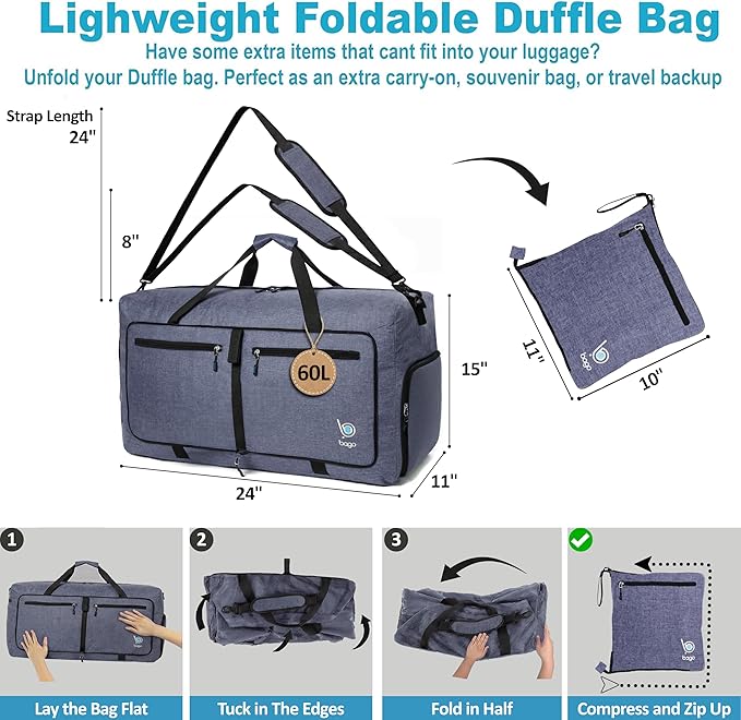 Bago Medium Duffle Bag for Travel Women & Men. Durable Lightweight Foldable Travel Duffel Bags For Traveling Women. 60L Duffle Bags For Overnight Bag With Shoe Compartment Collapsible Weekender duffel