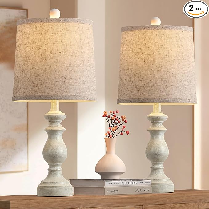 Traditional Table Lamp Set of 2, Rustic Farmhouse Table Lamps for Living Room Bedroom, 22" Bedside Desk Lamps Vintage Nightstand Lamps with Linen Shades, Antique White