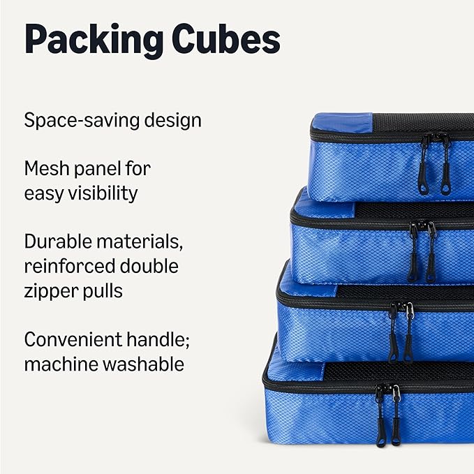 Amazon Essentials 4-Piece Packing Cubes Travel Accessories Set, Space-Saving Luggage Organizers with Double Zipper, Mesh Top, Small/Medium/Large/Slim, Blue (Previously Amazon Basics)