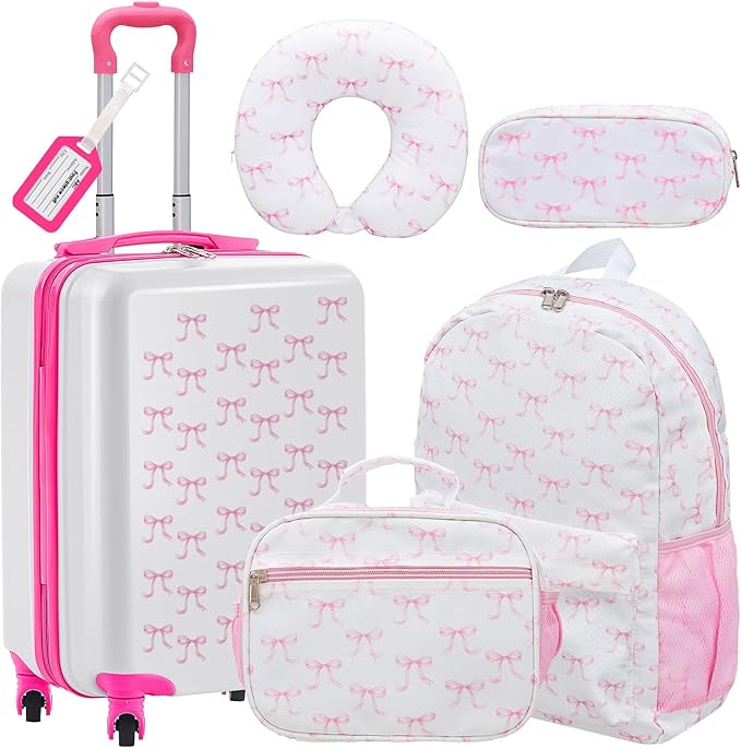 Redbaker 17 Inch 6 Pcs Kids Luggage Set Gifts for Christmas Kids Rolling Luggage Double Pattern Suitcase for Boys Girls (Pink, Bow Style)