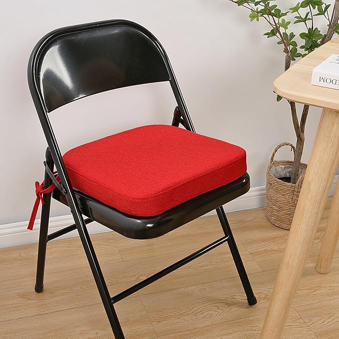 SINOSSO Memory Foam Chair Cushions for Folding Chairs 4 Pack, Thickened 2" Square Pads with Ties for Kitchen Chairs, Indoor Non-Slip Dining Chair Seat Cushions (4 Pcs, Red)