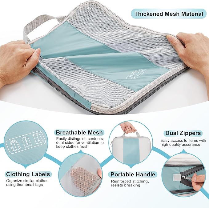10 Set Compression Packing Cubes for Travel Essentials,Compressible Expandable Packing Cubes for Suitcase,OlarHike Luggage Organizer Bags for Travel,Handy Helper for Organizing Clothes(Blue Gray)