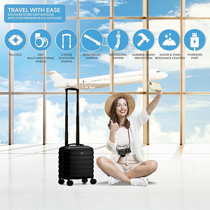 Flight Knight Carry On Suitcase 16.25x13.5x8 Hardside TSA Lock USB Port Lightweight Luggage Silent Double Spinner Wheels Maximum Underseat Carry-On Bag For Virgin South West Approved Black