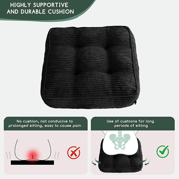 HIGOGOGO Tufted Corduroy Recliner Seat Cushion for Elderly, 20x20x6 Inch Extra Large Square Seat Cushion for Recliner Chair, Floor Pillow, Office Chair, Car, No Pressure on Thighs, Black