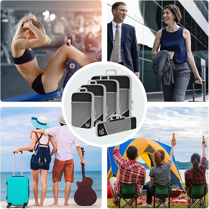 NiHome 7PCS Compression Packing Cube Set Expandable Mesh Travel Bag Luggage Organizers with Electronic Cable Cord Charger Organizer Drawstring Bag for Trip Home Storage Travel Gear Accessories (Black)
