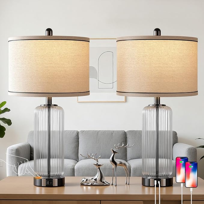27" Black Glass Table Lamp, Modern Touch Beside Lamps, Desk Lamp Set of 2 | Vertical Grained Lamp Body, Large Nightstand Lamp, 3 Way Dimmable,LED Bulbs Included, Glass Lamps for Bedroom Living Room