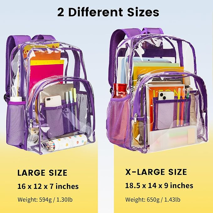 Vorspack Clear Backpack Heavy Duty PVC Transparent Backpack Extra Large Clear Backpacks with Reinforced Strap for College Workplace Security - Purple