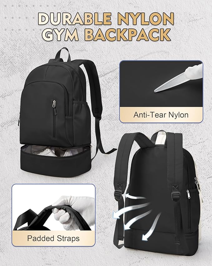 Gym Backpack for Women Men,Cheer bag,Lightweight Gym Bag with Shoe Compartment, Waterproof Sports Backpack with Wet Pocket, Black