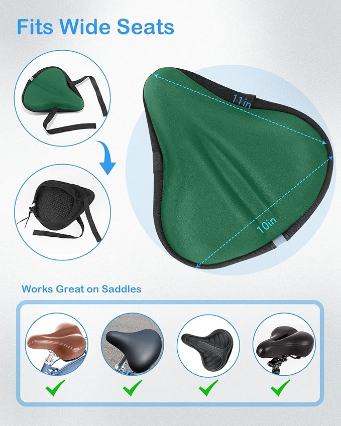 CUNCUI Gel Bike Seat Cover, Bicycle Seat Covers, Adjustable Bike Seats Cushion for Women Men Comfort Compatible, Suitable for Outdoor and Indoor (11x10 inch)-Green