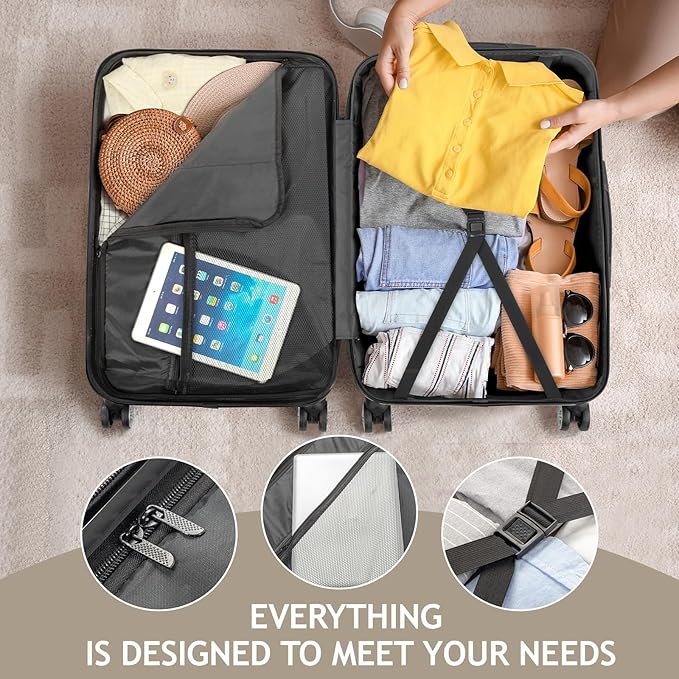 Karl home Luggage Sets 3 Piece, Hardside Carry on Suitcase Sets with Spinner Wheels & TSA lock, Portable Lightweight ABS Luggages for Travel, Business - Champagne, 20/24/28in