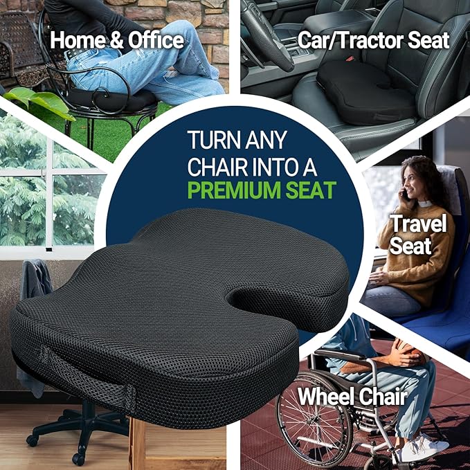 Season Guard Tailbone Pain Relief Office Chair Seat Cushion, Memory Foam Gel Seat Cushion for Sciatica Pain Relief with Washable Cover, Butt Cushion for Long Sitting, Mesh, Black