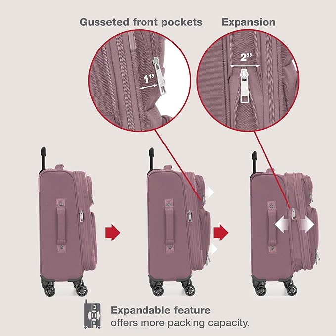 U.S. Traveler Rio Lightweight Softside Rolling Carry-on Suitcase, 4-Wheel Single, Mauve