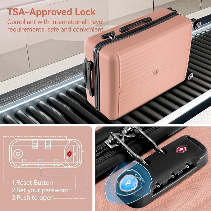 Hoteel Luggage Sets 3 Piece ABS+PC Hardside, 4-Year Warranty, Luggage Set with Spinner Wheels, TSA Lock, Lightweight Carry on Luggage, 20" Suitcase with Duffel & Organizer, Light Pink