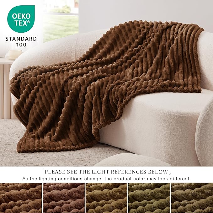 EXQ Home Fleece Throw Blanket for Couch or Bed - 3D Stripe Jacquard Decorative Blankets - Cozy Soft Lightweight Fuzzy Flannel Blanket Suitable for All Seasons(50"×60",Brown)