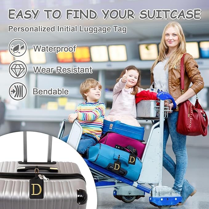Initial Letter Luggage Tags for Suitcases, Embroidered Monogrammed Suitcase Luggage Identifier Name Tag, PU Leather TSA Approved Luggage Tags, Bag Tags for Men Women Kids Luggage Handbags(Black D)