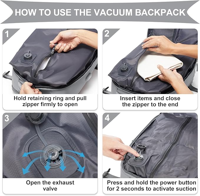 coowoz Vacuum Backpack Travel with Pump,Travel Backpack with Vacuum System For Women Men,Carry On Backpack,Hiking Backpack Waterproof Outdoor Sports Rucksack Casual Daypack,25L(Built-in Pump),Grey