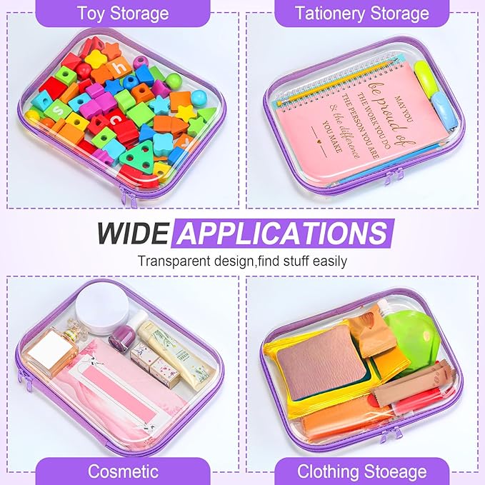 Sanwuta 6 Pcs Clear Hard Zipper Case Pencil Pouches Hard Plastic Zipper Pouches Makeup Bag Transparent Cases for Snacks Plastic Storage Organizer Box for Travel(Purple,9.84 x 7.87 x 2 Inch)