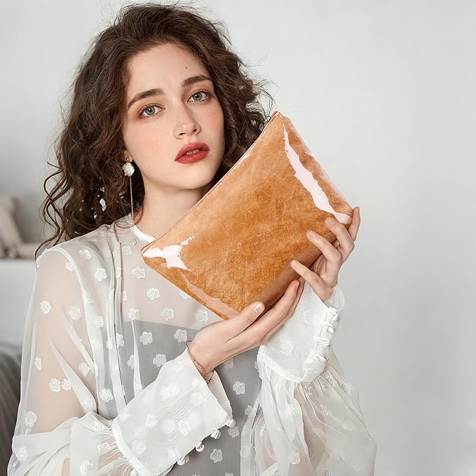 WLLWOO PVC Waterproof Makeup Bag Kraft Paper Cosmetic Bag Travel Toiletry Zipper Pouch Organizer for Women Purse