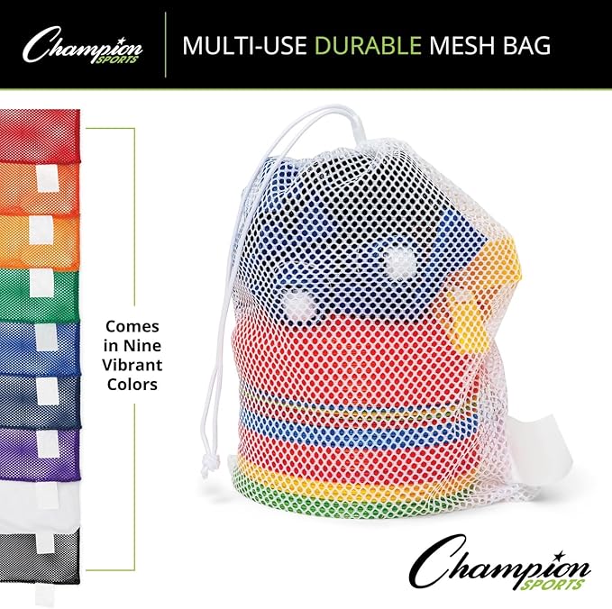 Champion Sports Mesh Equipment Bag – Heavy-Duty Nylon Drawstring Bag with Lock & ID Tag, Breathable Storage Sack for Balls, Swim Gear, Laundry & Toys, Multiple Sizes & Colors