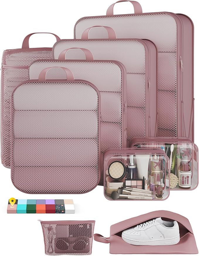 Veken 9/11 Set Compression Packing Cubes for Travel Essentials,Compressible Expandable Large Luggage Organizer Bags for Clothing,Durable Space Saver Storage Bags with Toiletry Bags(Light Coral)
