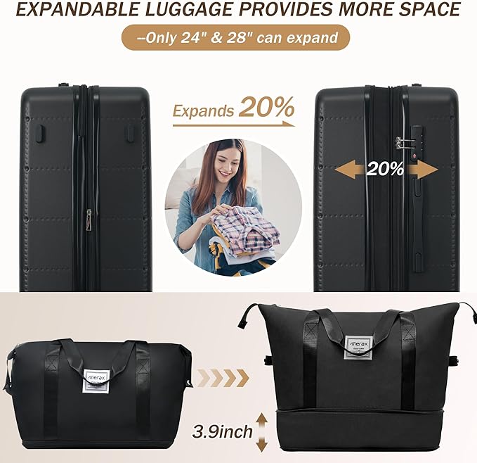 Merax Luggage Sets 5 Piece, Hardside 20" Half-opening Carry On Suitcase Set with USB Port,Lightweight Travel 24" 28" Luggage with Bags TSA Locks Double Spinner Wheels,Black