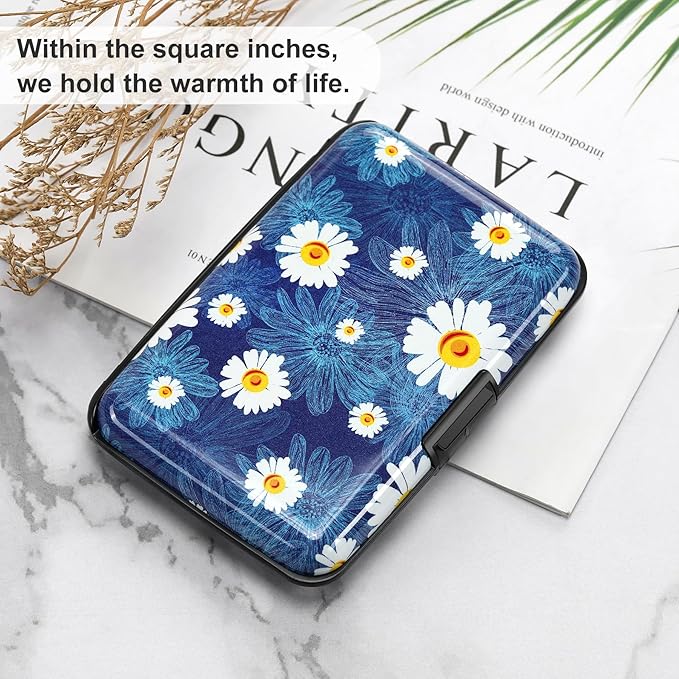 ELFISH Mini RFID Aluminum Wallet Credit Cards Holder Business Card Case Metal ID Case for Men Women(White Flower)