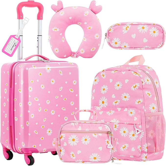 Redbaker 17 Inch 6 Pcs Kids Luggage Set Kids Rolling Luggage Double Pattern Suitcase for Boys Girls (Light Pink, Leopard Print Style)