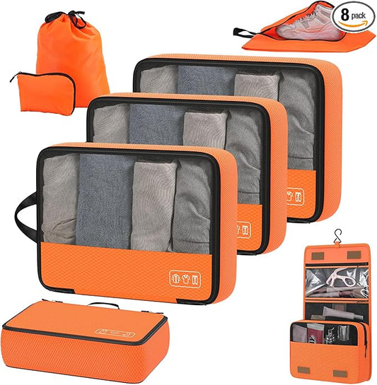 8-Piece Compression Packing Cubes for Travel, Bright & Lightweight Luggage Organizer System for Outdoor Travel & Adventure, Space Save for Backpack, Duffel Bag & Suitcase- Orange