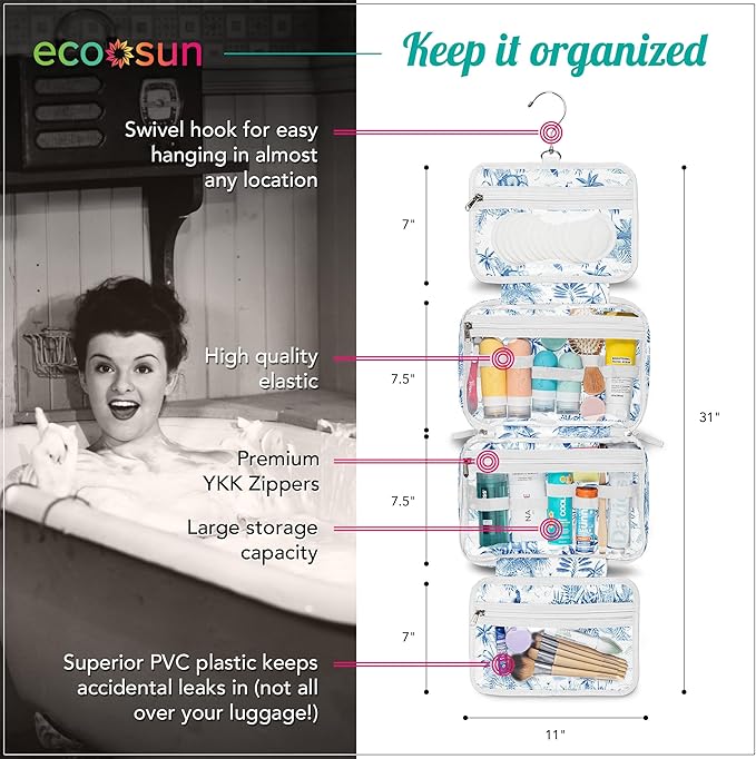 Eco Sun Hanging Travel Toiletry Bag — Designed in Hawaii — Water-resistant Travel Organizer for Bathroom Accessories (Baby Blue Safari)