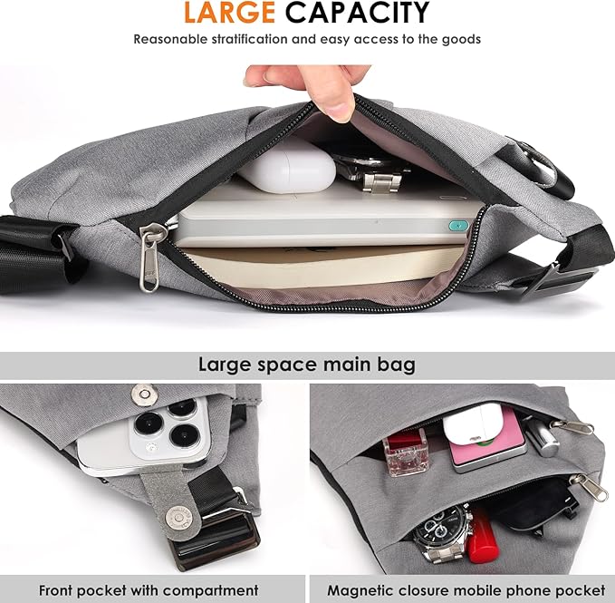 Sling Bag for Women Men Anti Theft Crossbody Bags with Hidden Zipper Theft Proof Travel Purse Secure Sling Backpack for Safe Adventures, Gray