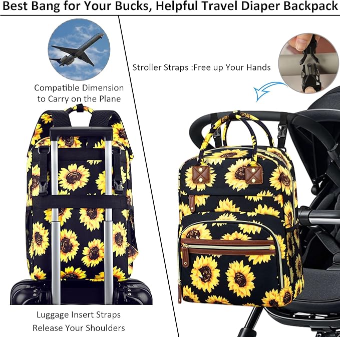 Diaper Bag Backpack Tote for Women Large Capacity, Baby Bag with Insulated Pockets Multifunctional Diaper Bags For Baby Girl Boy Waterproof Baby Bags For Boys Girls Mama Maternity Bag Sunflower