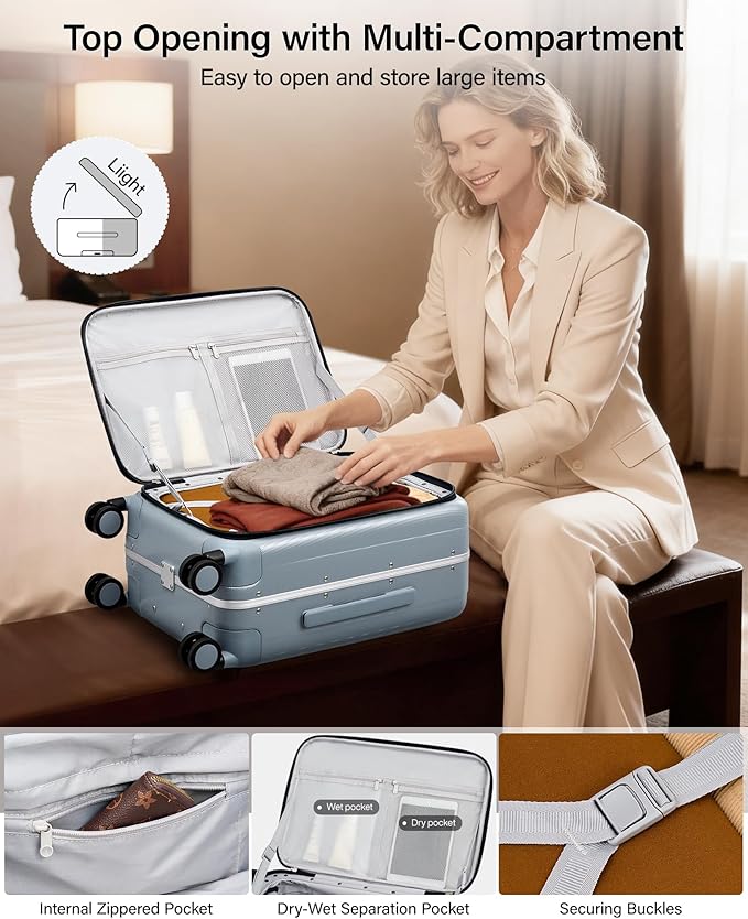 Hanke 20 Inch Carry On Suitcase PC Hardshell Luggage Top Open Aluminum Frame Rolling Suitcases with Wheels Travel Luggage for Woman Men Gifts.(Grey)