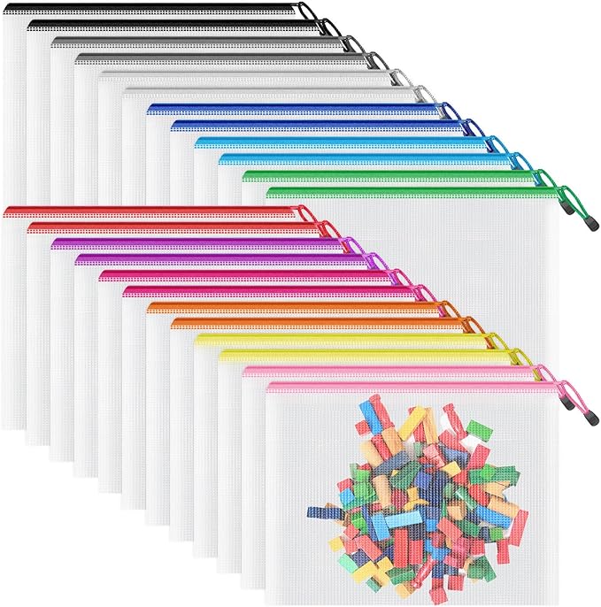 Smarpau A5 Mesh Zipper Pouch, 24 Pack 12 Colors 9.5" x 7.1" Multipurpose Zipper Pouches for Organizing, Waterproof Zip Bags Small Mesh Pouch for Travel, Office, Home Storage