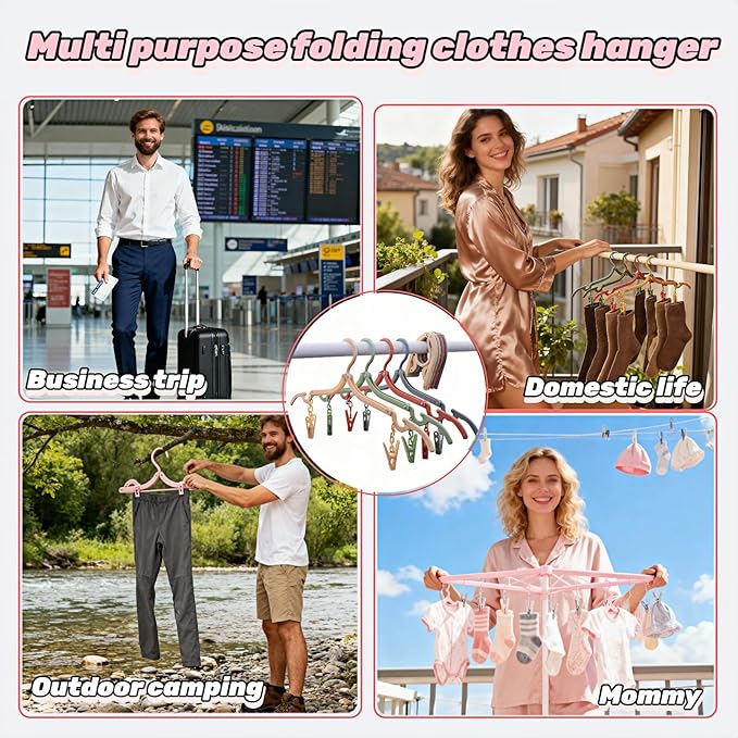 Foldable Hangers 4 Pack - Travel Hangers Collapsible Space Saving, Non-Slip Clothes Hangers with Removable Clips for Suitcase, Camping, Business Trips & Home Closet Organization Four Colors