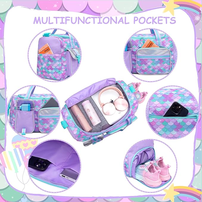 Mermaid Kids Duffle Bag Girls Gym Bag for Girls Kids Travel Dance Bags for Girl Overnight Weekender Bags for Kid with Shoe Compartment