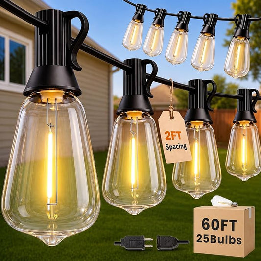 60FT(50+10) String Lights Outdoor, 2FT Bulb Spacing, Waterproof Shatterproof Warm White ST38 LED Edison Bulbs, Extension Cord, Plug in Connectable Hanging Patio Lights for Outside, Backyard