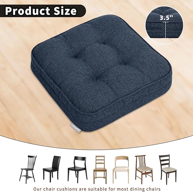 GOFORIT Memory Foam Cushion，Square Seat Cushions for Dining Chairs,Non-Slip Chair Pads with Removable Cover, 16'' x 16'', Dark Blue