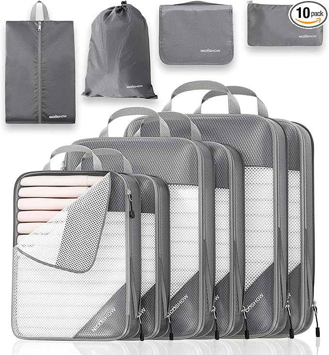 Compression Packing Cubes 10 Set, Compressible Space-Saving Packing Cubes for Travel - Compression Bags, Luggage Organizer, Travel Essentials for Women, Grey